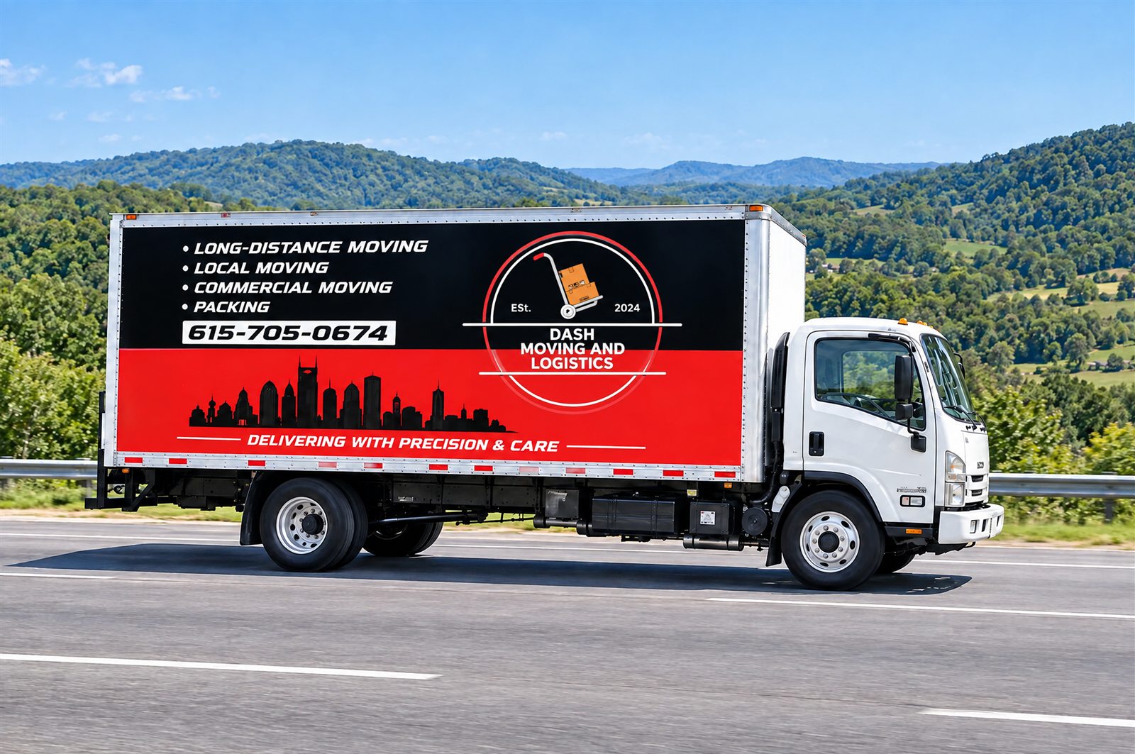 Dash Moving truck on an interstate through the Tennessee hills