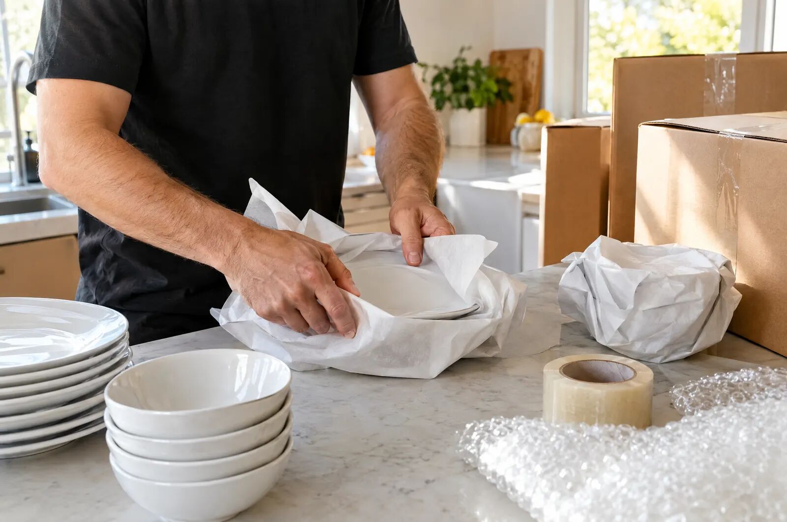 Mover wrapping dishes in packing paper
