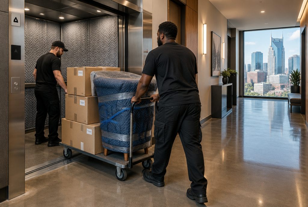 Dash movers rolling boxes and a wrapped chair into a padded freight elevator in a downtown Nashville apartment building