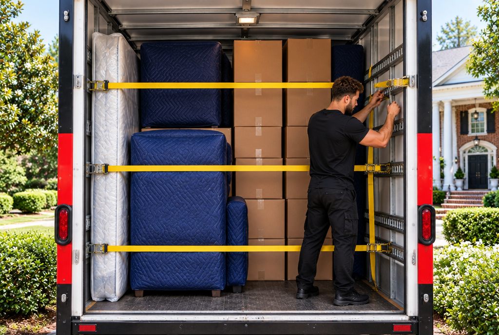 Furniture wrapped in moving blankets and strapped securely inside a Dash Moving truck