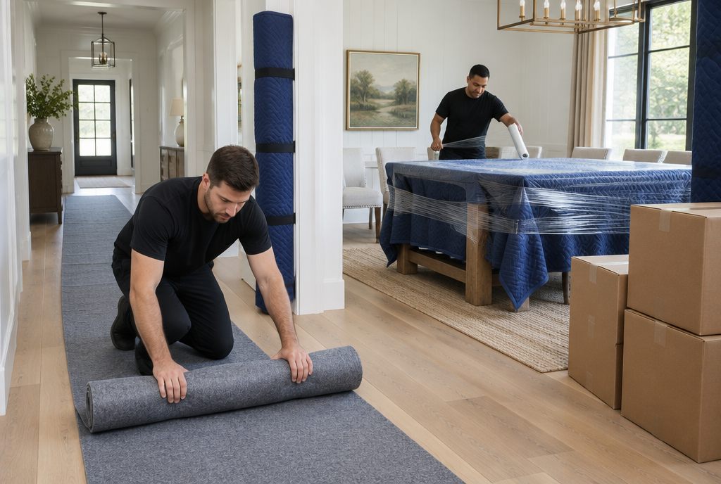 Dash movers laying floor protection and blanket-wrapping a dining table inside a Nashville home