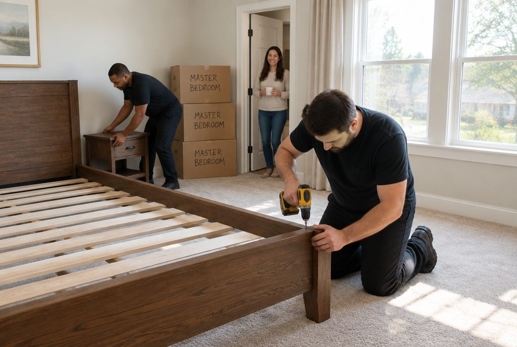 Dash mover reassembling a bed frame in a new Middle Tennessee home while the homeowner watches