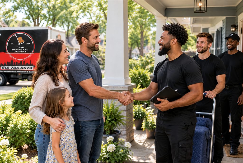 Dash Moving crew lead shaking hands with a family on the porch of their Nashville home before a move