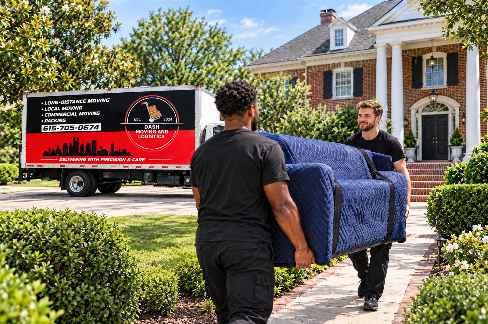 Dash movers carrying a wrapped sofa into a Nashville home