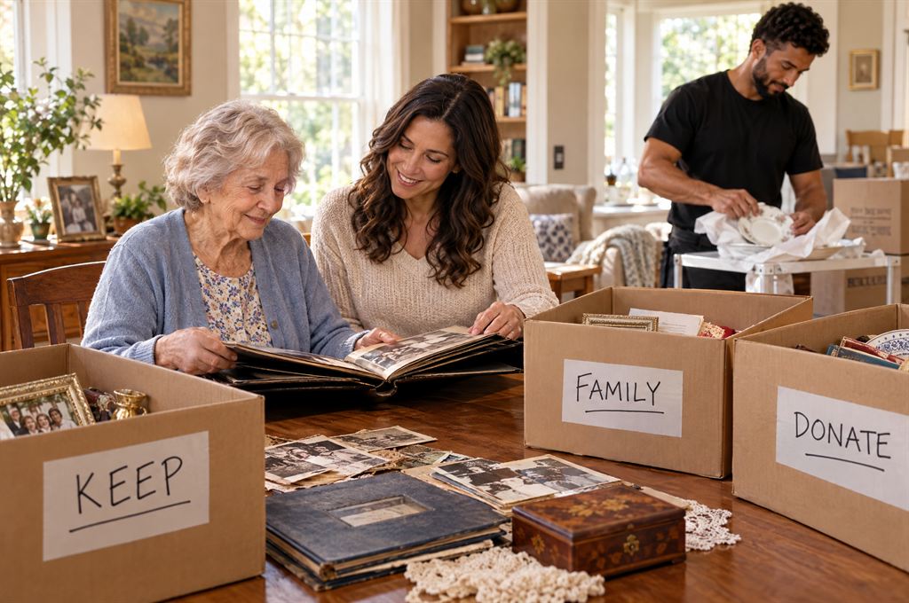 Older woman and her adult daughter sorting keepsakes into boxes labeled Keep, Family and Donate while a mover wraps fine china