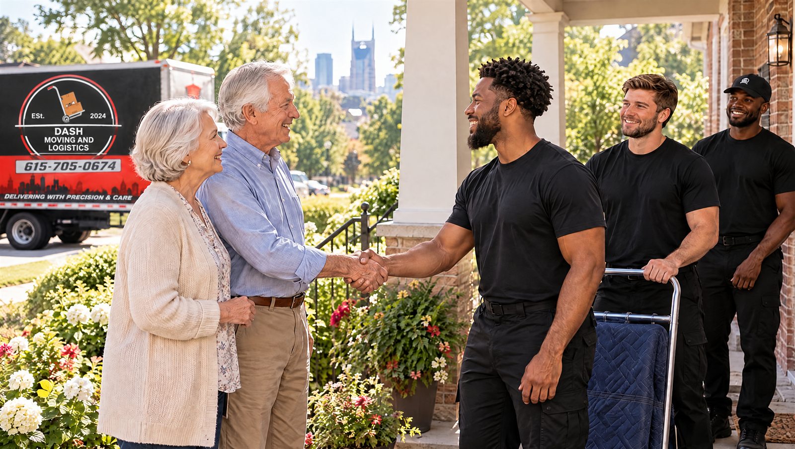 Dash Moving crew member shaking hands with an older couple on the porch of their Nashville home