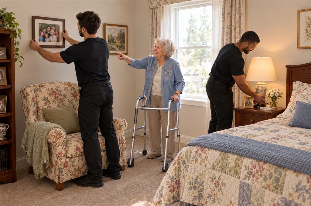 Movers setting up a bright senior living apartment with a favorite armchair, lamp and a made bed while the resident looks on