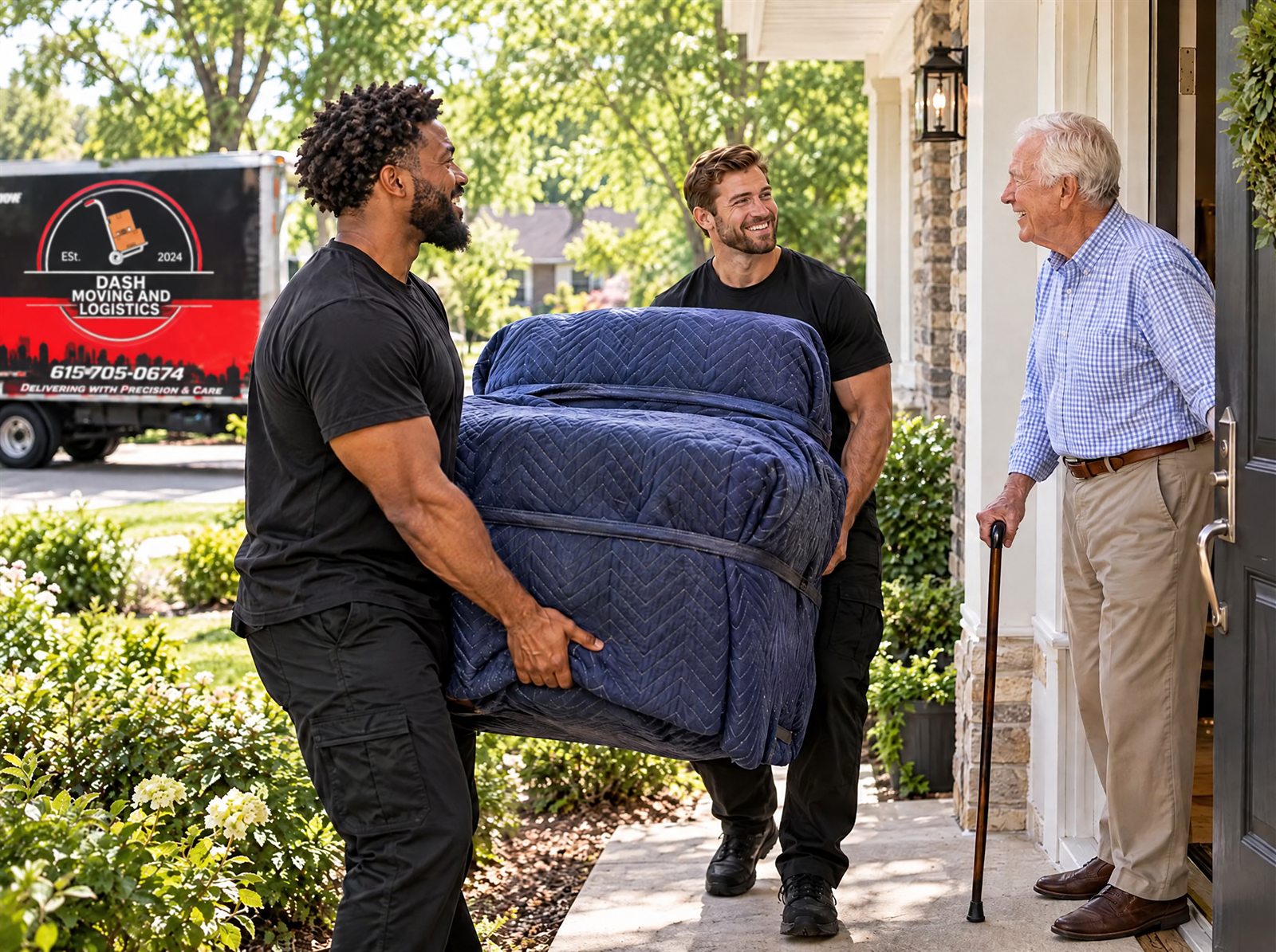 Dash movers carrying a wrapped recliner while an older homeowner holds the door
